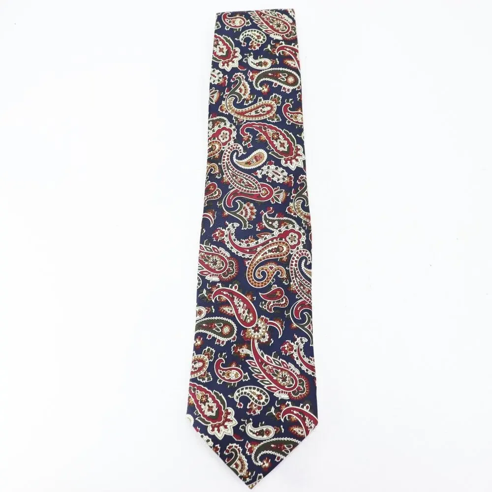 Lands End Tie Mens 58 in Blue Burgundy Cream Paisley Silk Handsewn Lined Wide